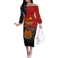 Personalised Papua New Guinea and Australia Together Off The Shoulder Long Sleeve Dress Bird-of-paradise and Kangaroo with Aboriginal Pattern LT03 Women Red - Polynesian Pride