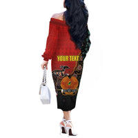 Personalised Papua New Guinea and Australia Together Off The Shoulder Long Sleeve Dress Bird-of-paradise and Kangaroo with Aboriginal Pattern LT03 - Polynesian Pride