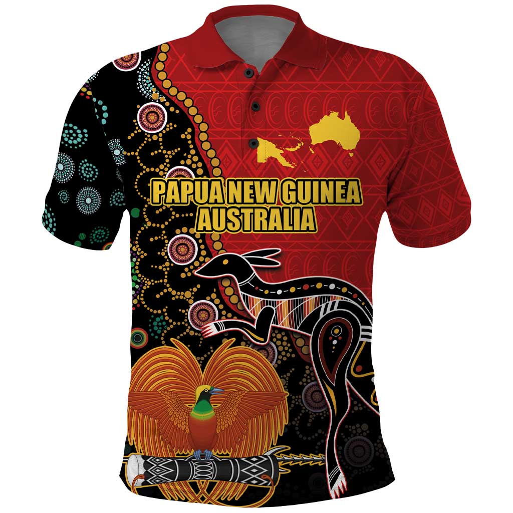 Personalised Papua New Guinea and Australia Together Polo Shirt Bird-of-paradise and Kangaroo with Aboriginal Pattern LT03 Red - Polynesian Pride
