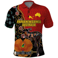Personalised Papua New Guinea and Australia Together Polo Shirt Bird-of-paradise and Kangaroo with Aboriginal Pattern LT03 Red - Polynesian Pride