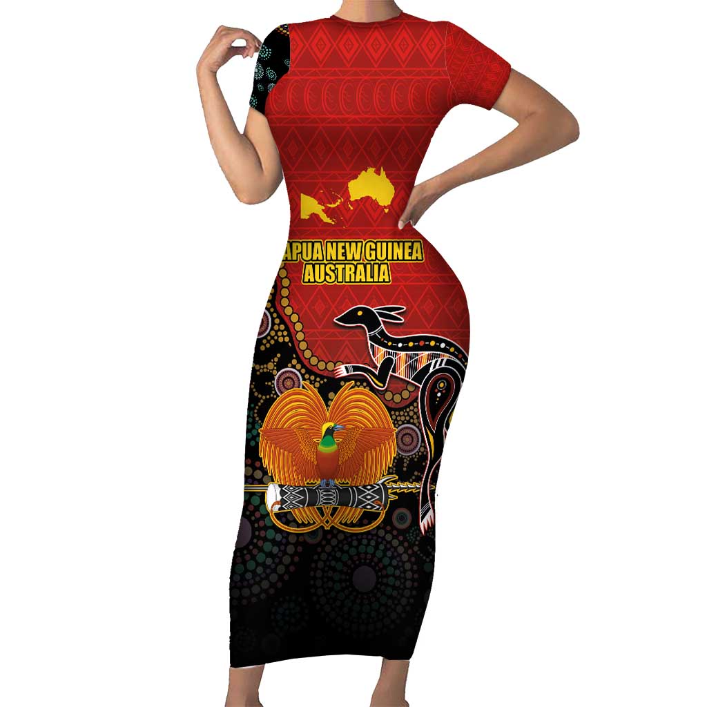 Personalised Papua New Guinea and Australia Together Short Sleeve Bodycon Dress Bird-of-paradise and Kangaroo with Aboriginal Pattern LT03 Long Dress Red - Polynesian Pride