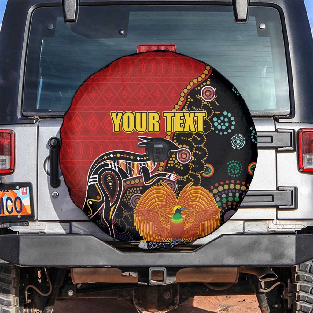 Personalised Papua New Guinea and Australia Together Spare Tire Cover Bird-of-paradise and Kangaroo with Aboriginal Pattern LT03 Red - Polynesian Pride