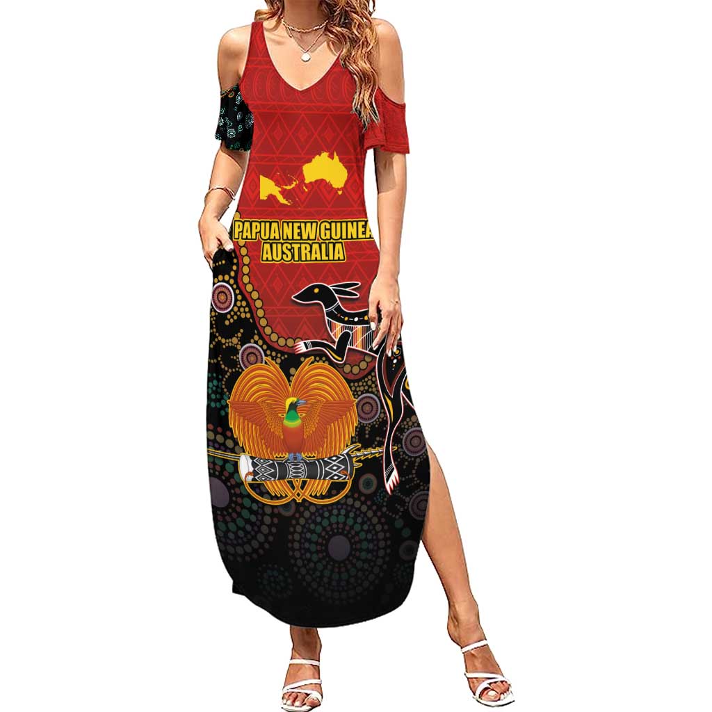 Personalised Papua New Guinea and Australia Together Summer Maxi Dress Bird-of-paradise and Kangaroo with Aboriginal Pattern LT03 Women Red - Polynesian Pride