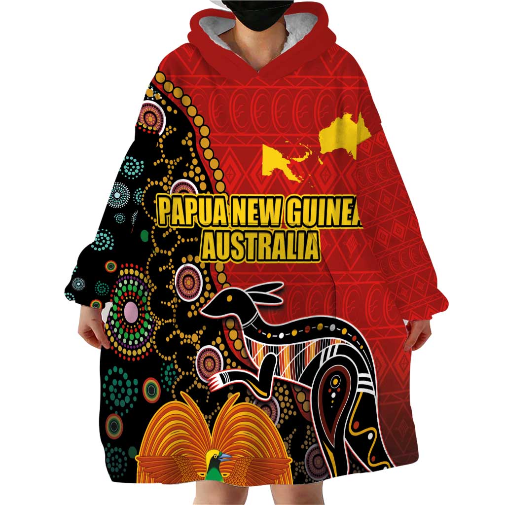 Personalised Papua New Guinea and Australia Together Wearable Blanket Hoodie Bird-of-paradise and Kangaroo with Aboriginal Pattern LT03 - Polynesian Pride