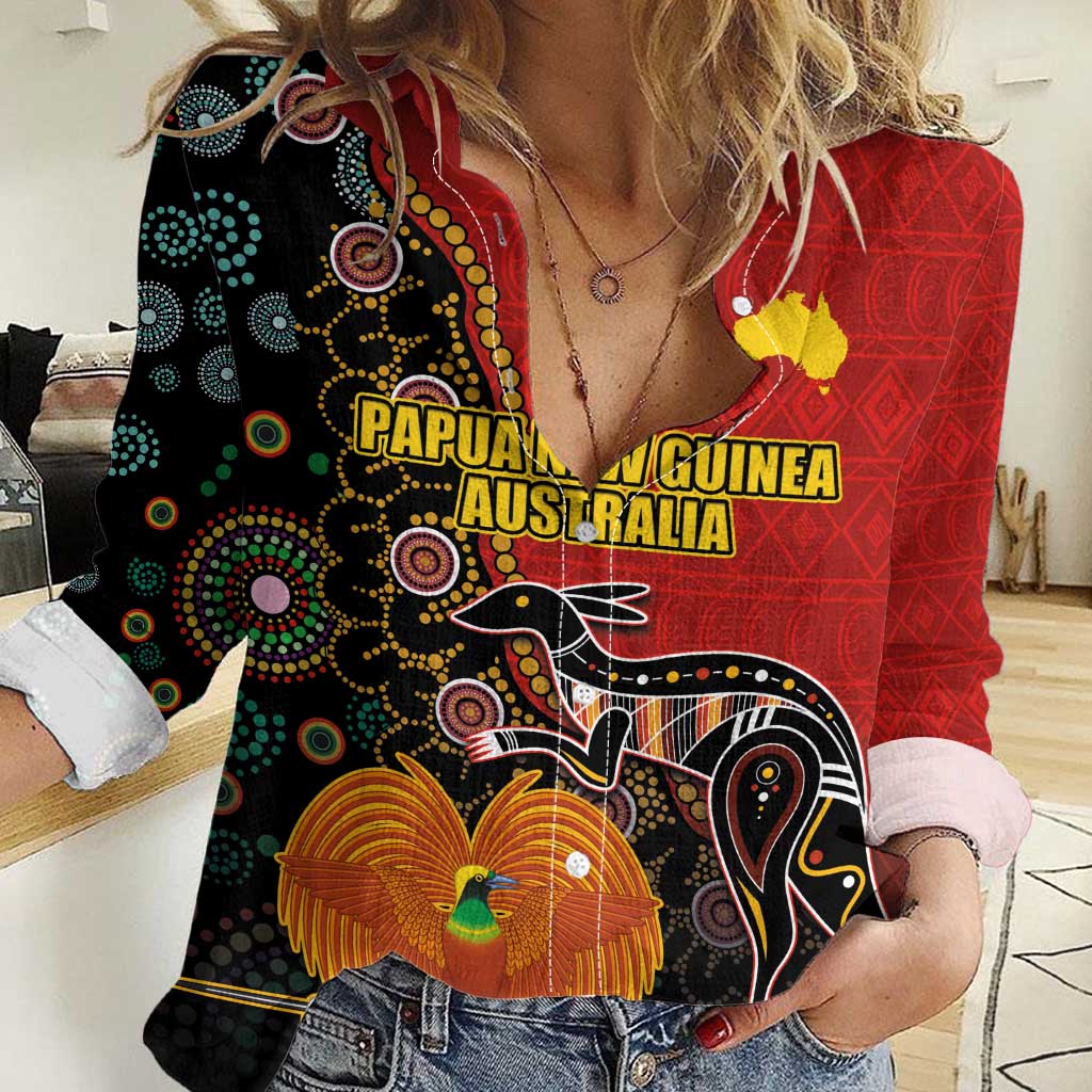 Personalised Papua New Guinea and Australia Together Women Casual Shirt Bird-of-paradise and Kangaroo with Aboriginal Pattern LT03 Female Red - Polynesian Pride