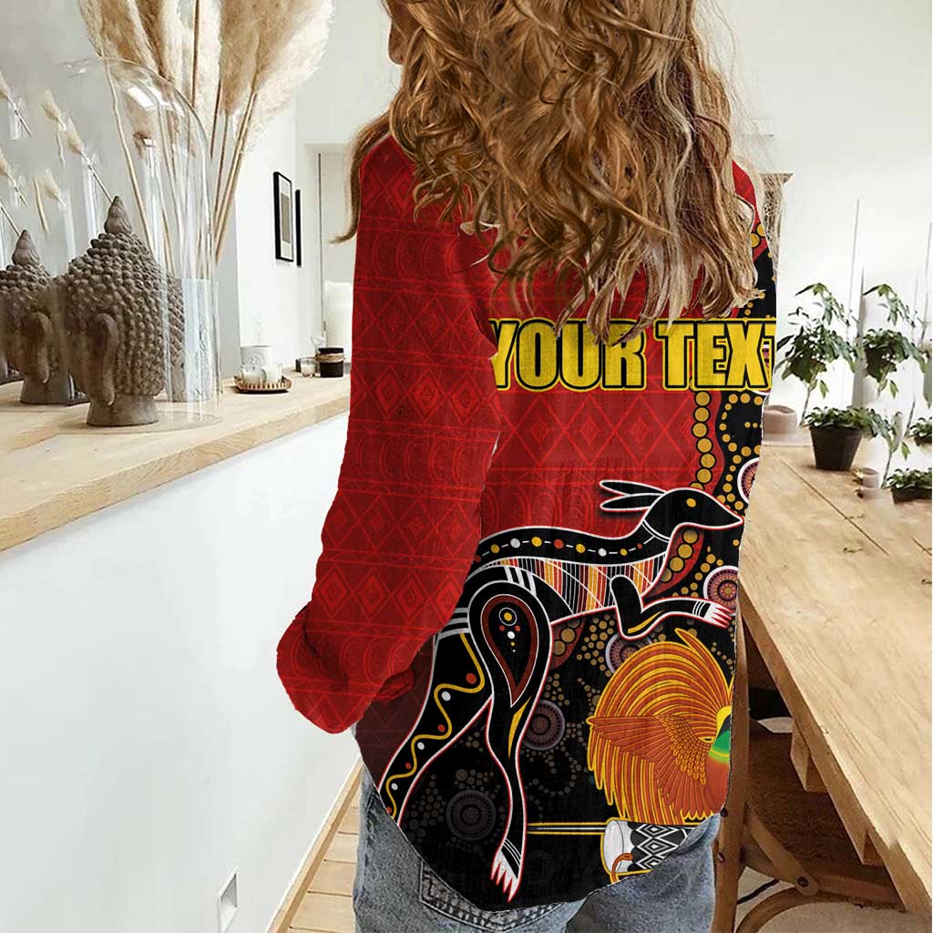 Personalised Papua New Guinea and Australia Together Women Casual Shirt Bird-of-paradise and Kangaroo with Aboriginal Pattern LT03 - Polynesian Pride