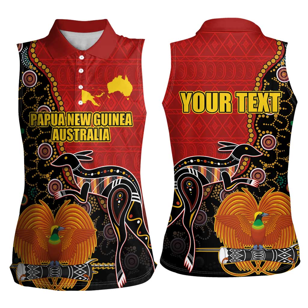 Personalised Papua New Guinea and Australia Together Women Sleeveless Polo Shirt Bird-of-paradise and Kangaroo with Aboriginal Pattern LT03 - Polynesian Pride