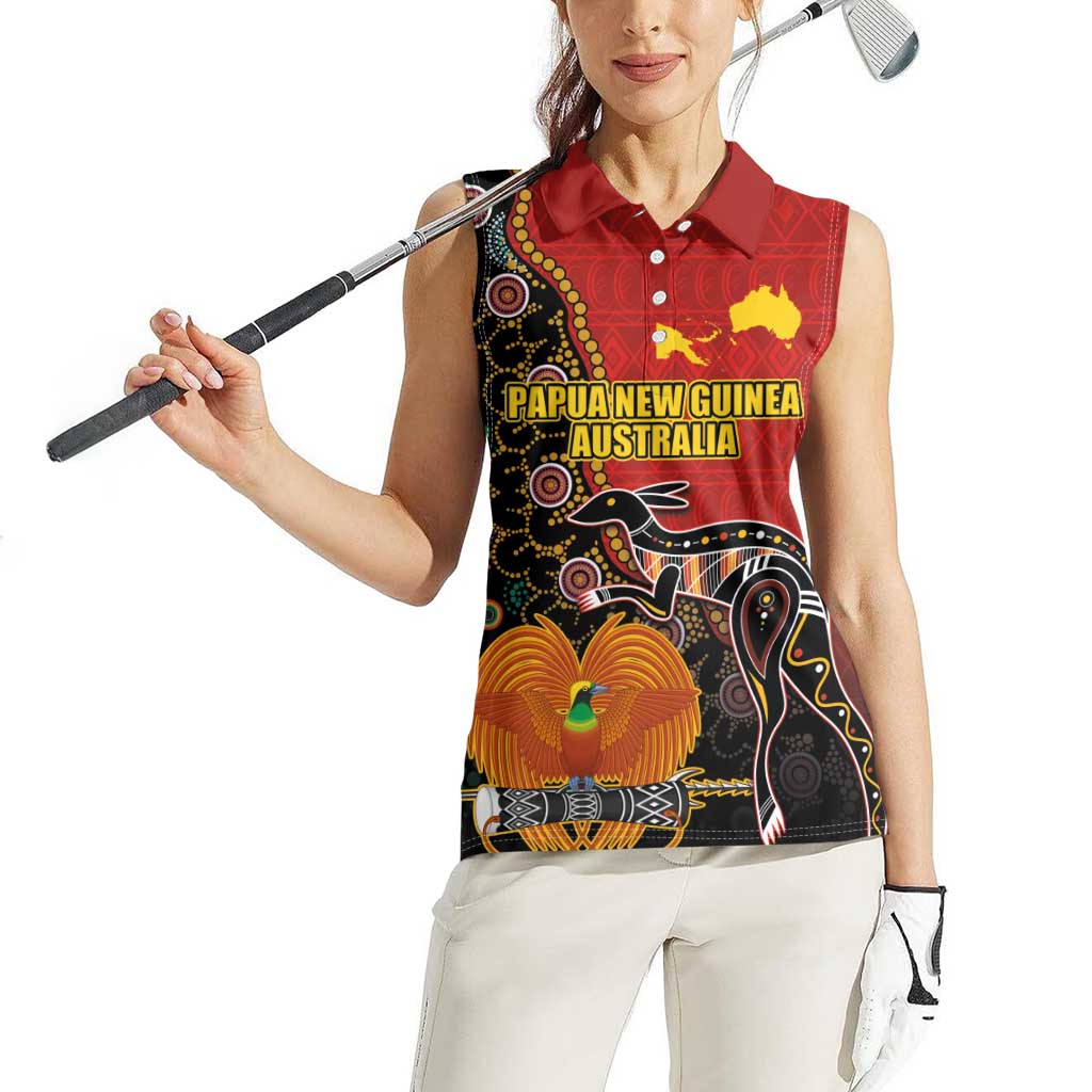 Personalised Papua New Guinea and Australia Together Women Sleeveless Polo Shirt Bird-of-paradise and Kangaroo with Aboriginal Pattern LT03 - Polynesian Pride