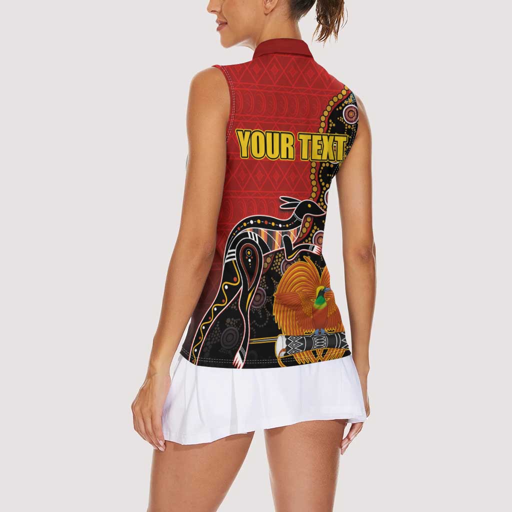 Personalised Papua New Guinea and Australia Together Women Sleeveless Polo Shirt Bird-of-paradise and Kangaroo with Aboriginal Pattern LT03 - Polynesian Pride