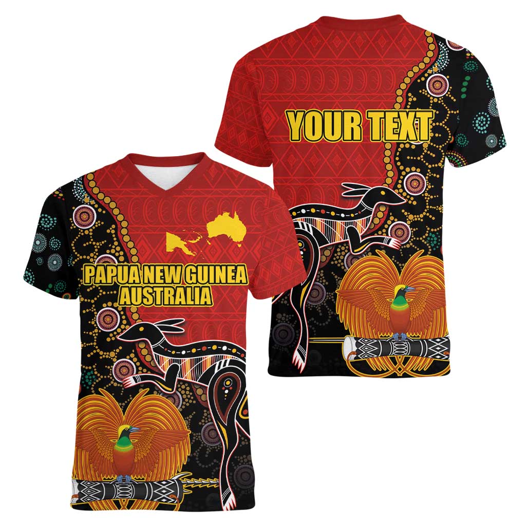 Personalised Papua New Guinea and Australia Together Women V-Neck T-Shirt Bird-of-paradise and Kangaroo with Aboriginal Pattern LT03 - Polynesian Pride