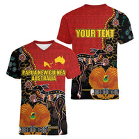 Personalised Papua New Guinea and Australia Together Women V-Neck T-Shirt Bird-of-paradise and Kangaroo with Aboriginal Pattern LT03 - Polynesian Pride