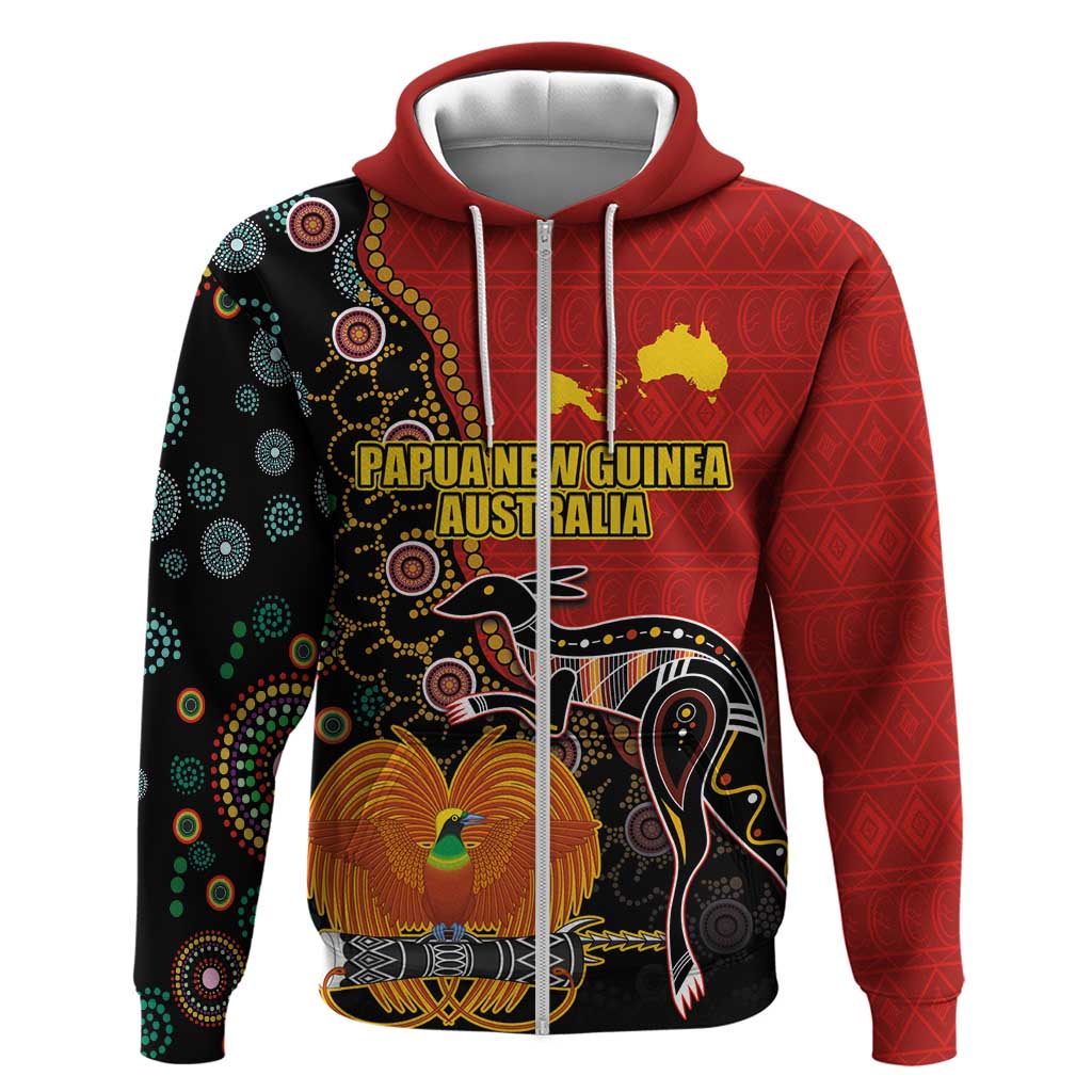 Personalised Papua New Guinea and Australia Together Zip Hoodie Bird-of-paradise and Kangaroo with Aboriginal Pattern LT03 Zip Hoodie Red - Polynesian Pride
