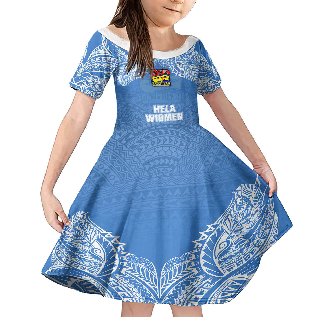 Hela Wigmen Rugby Family Matching Puletasi Dress and Hawaiian Shirt Papua New Guinea Polynesian Tattoo LT03 Daughter's Dress Blue - Polynesian Pride