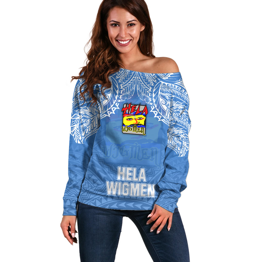 Hela Wigmen Rugby Off Shoulder Sweater Papua New Guinea Polynesian Tattoo LT03 Women Blue - Polynesian Pride