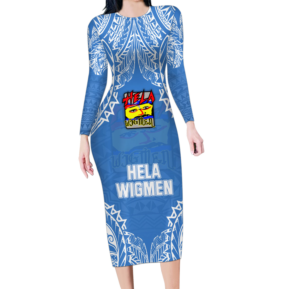 Custom Hela Wigmen Rugby Family Matching Long Sleeve Bodycon Dress and Hawaiian Shirt Papua New Guinea Polynesian Tattoo LT03 Mom's Dress Blue - Polynesian Pride