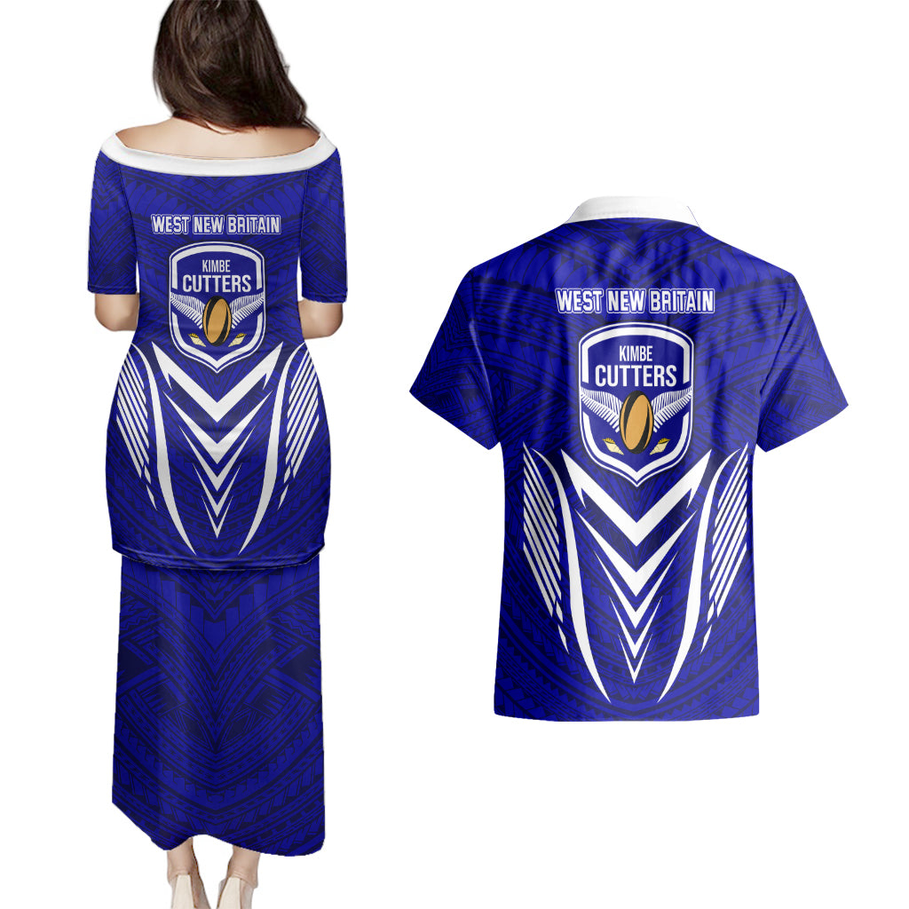 Kimbe Cutters Rugby Couples Matching Puletasi Dress and Hawaiian Shirt Papua New Guinea Polynesian Tattoo Blue Version LT03 - Polynesian Pride
