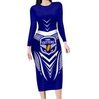 Kimbe Cutters Rugby Family Matching Long Sleeve Bodycon Dress and Hawaiian Shirt Papua New Guinea Polynesian Tattoo Blue Version LT03 Mom's Dress Blue - Polynesian Pride