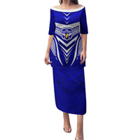 Kimbe Cutters Rugby Family Matching Puletasi Dress and Hawaiian Shirt Papua New Guinea Polynesian Tattoo Blue Version LT03 Mom's Dress Blue - Polynesian Pride