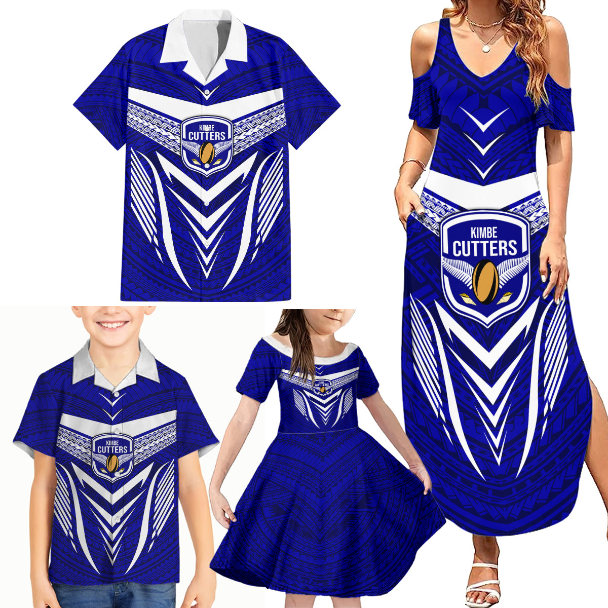 Kimbe Cutters Rugby Family Matching Summer Maxi Dress and Hawaiian Shirt Papua New Guinea Polynesian Tattoo Blue Version LT03 - Polynesian Pride