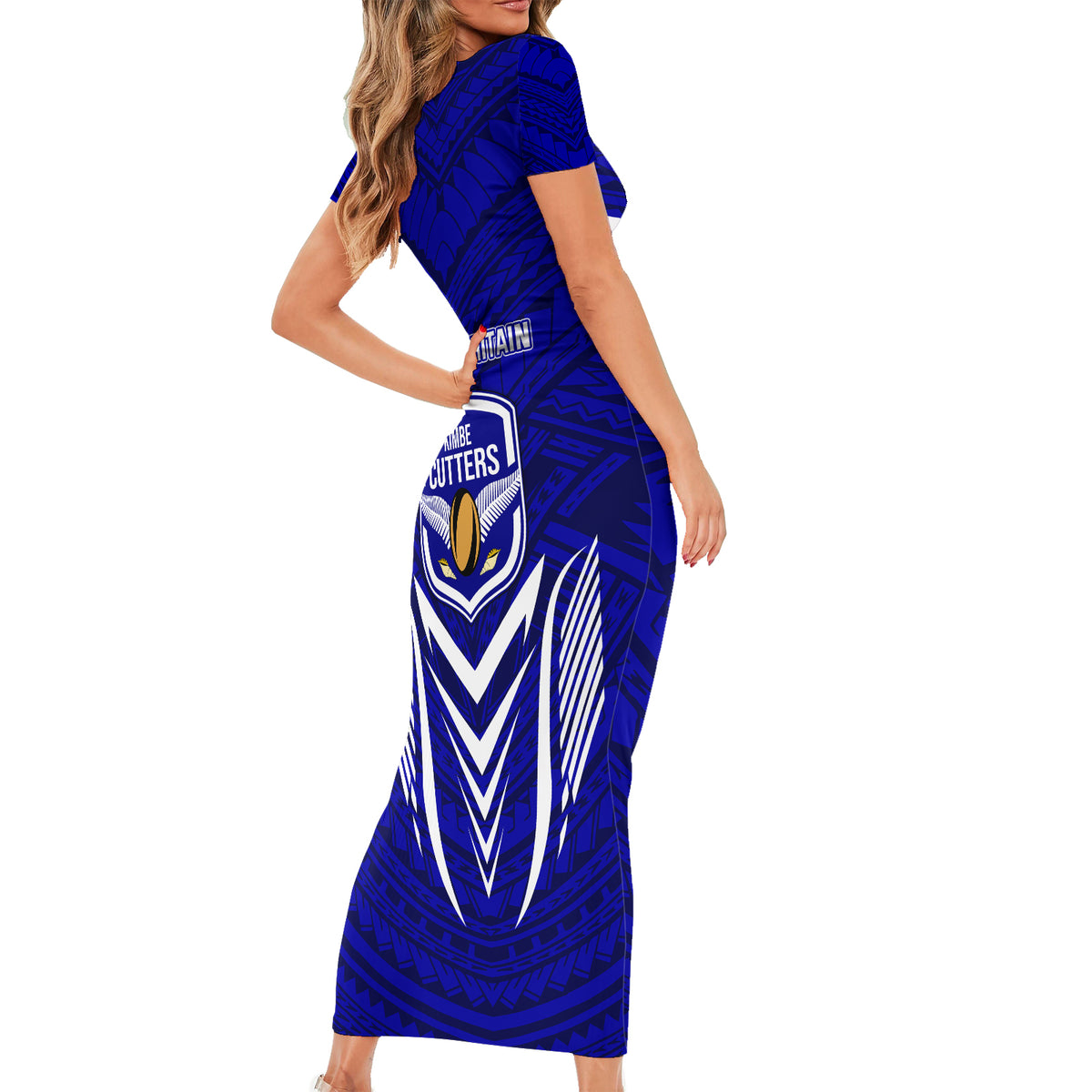 Kimbe Cutters Rugby Short Sleeve Bodycon Dress Papua New Guinea Polynesian Tattoo Blue Version LT03 - Polynesian Pride