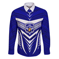 Custom Kimbe Cutters Rugby Family Matching Long Sleeve Bodycon Dress and Hawaiian Shirt Papua New Guinea Polynesian Tattoo Blue Version LT03 Dad's Shirt - Long Sleeve Blue - Polynesian Pride