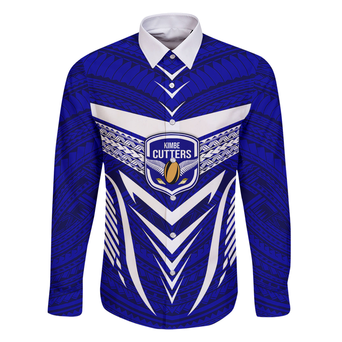 Custom Kimbe Cutters Rugby Family Matching Off Shoulder Long Sleeve Dress and Hawaiian Shirt Papua New Guinea Polynesian Tattoo Blue Version LT03 Dad's Shirt - Long Sleeve Blue - Polynesian Pride