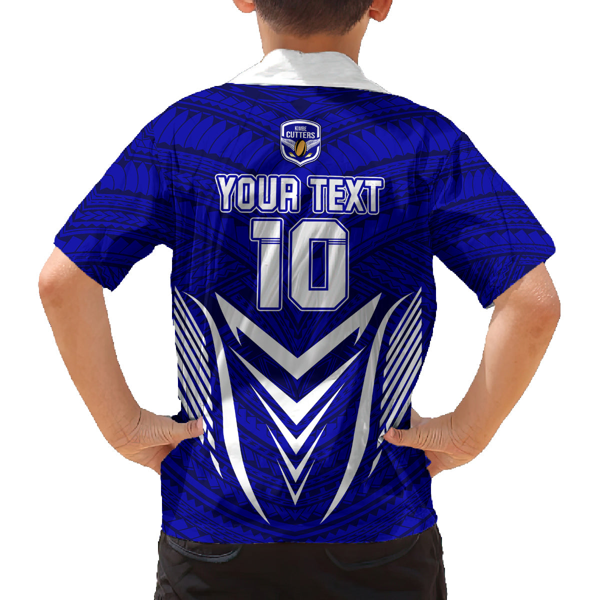 Custom Kimbe Cutters Rugby Family Matching Off Shoulder Short Dress and Hawaiian Shirt Papua New Guinea Polynesian Tattoo Blue Version LT03 - Polynesian Pride