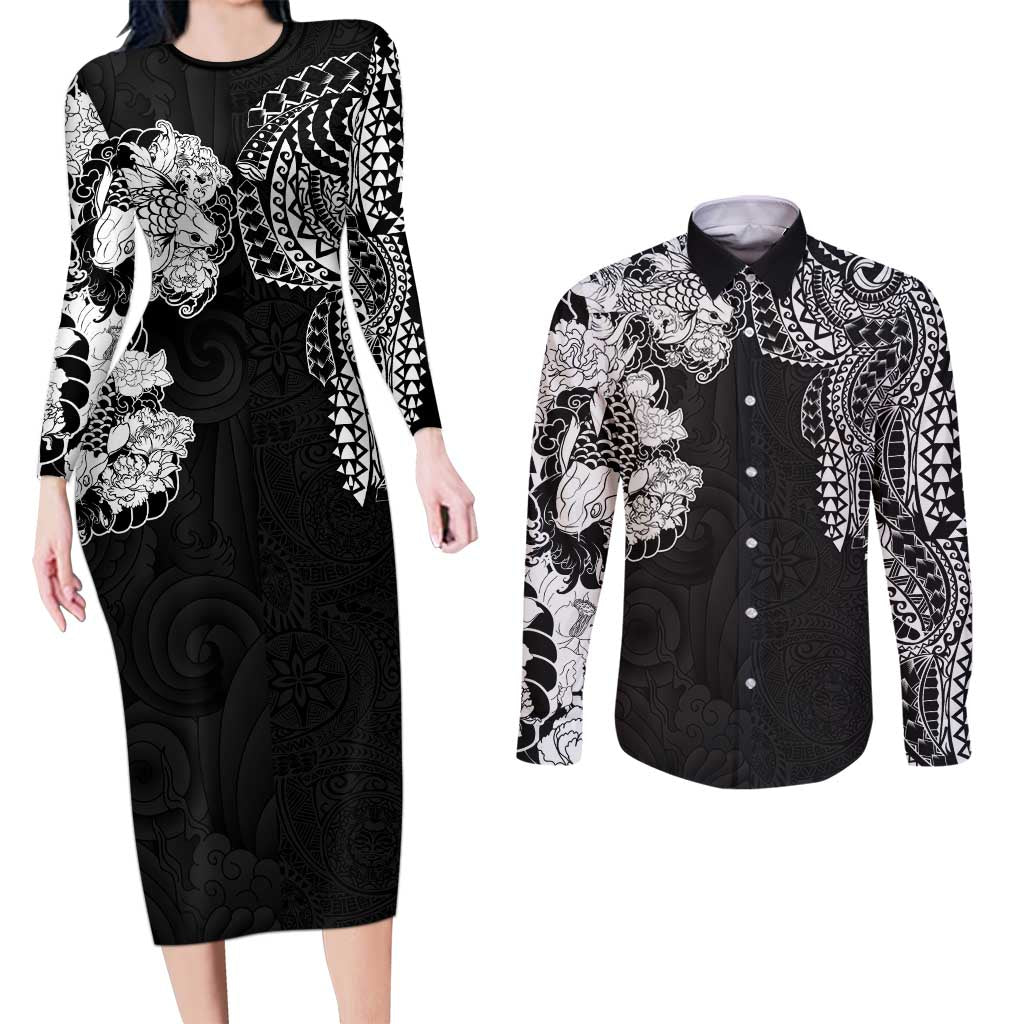 Japanese Irezumi and Hawaiian Polynesian Art Tattoo Couples Matching Long Sleeve Bodycon Dress and Long Sleeve Button Shirt Black Color LT03 Black - Polynesian Pride