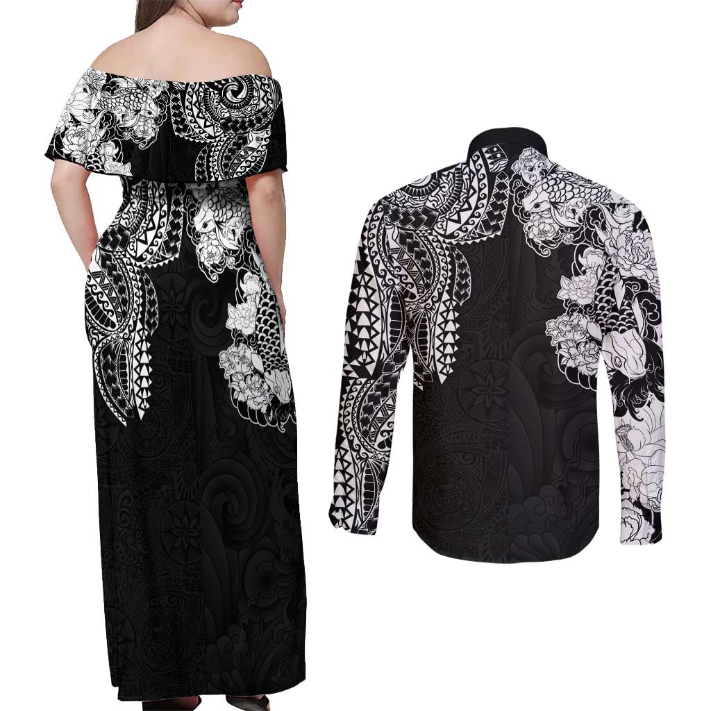 Japanese Irezumi and Hawaiian Polynesian Art Tattoo Couples Matching Off Shoulder Maxi Dress and Long Sleeve Button Shirt Black Color LT03 - Polynesian Pride
