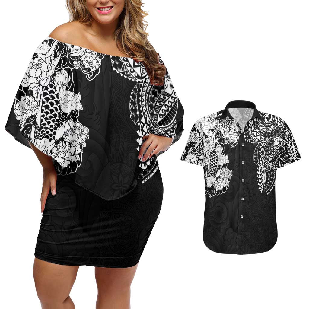 Japanese Irezumi and Hawaiian Polynesian Art Tattoo Couples Matching Off Shoulder Short Dress and Hawaiian Shirt Black Color LT03 Black - Polynesian Pride