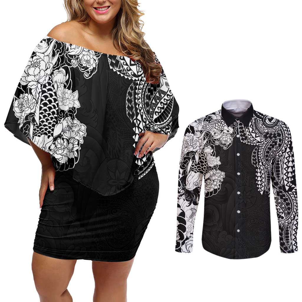 Japanese Irezumi and Hawaiian Polynesian Art Tattoo Couples Matching Off Shoulder Short Dress and Long Sleeve Button Shirt Black Color LT03 Black - Polynesian Pride