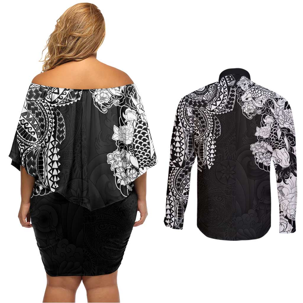 Japanese Irezumi and Hawaiian Polynesian Art Tattoo Couples Matching Off Shoulder Short Dress and Long Sleeve Button Shirt Black Color LT03 - Polynesian Pride