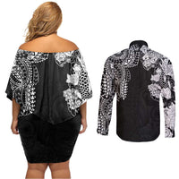 Japanese Irezumi and Hawaiian Polynesian Art Tattoo Couples Matching Off Shoulder Short Dress and Long Sleeve Button Shirt Black Color LT03 - Polynesian Pride