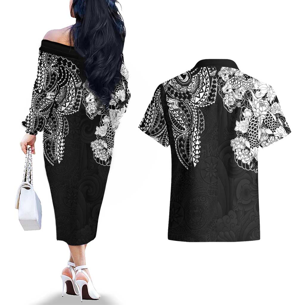 Japanese Irezumi and Hawaiian Polynesian Art Tattoo Couples Matching Off The Shoulder Long Sleeve Dress and Hawaiian Shirt Black Color LT03 - Polynesian Pride