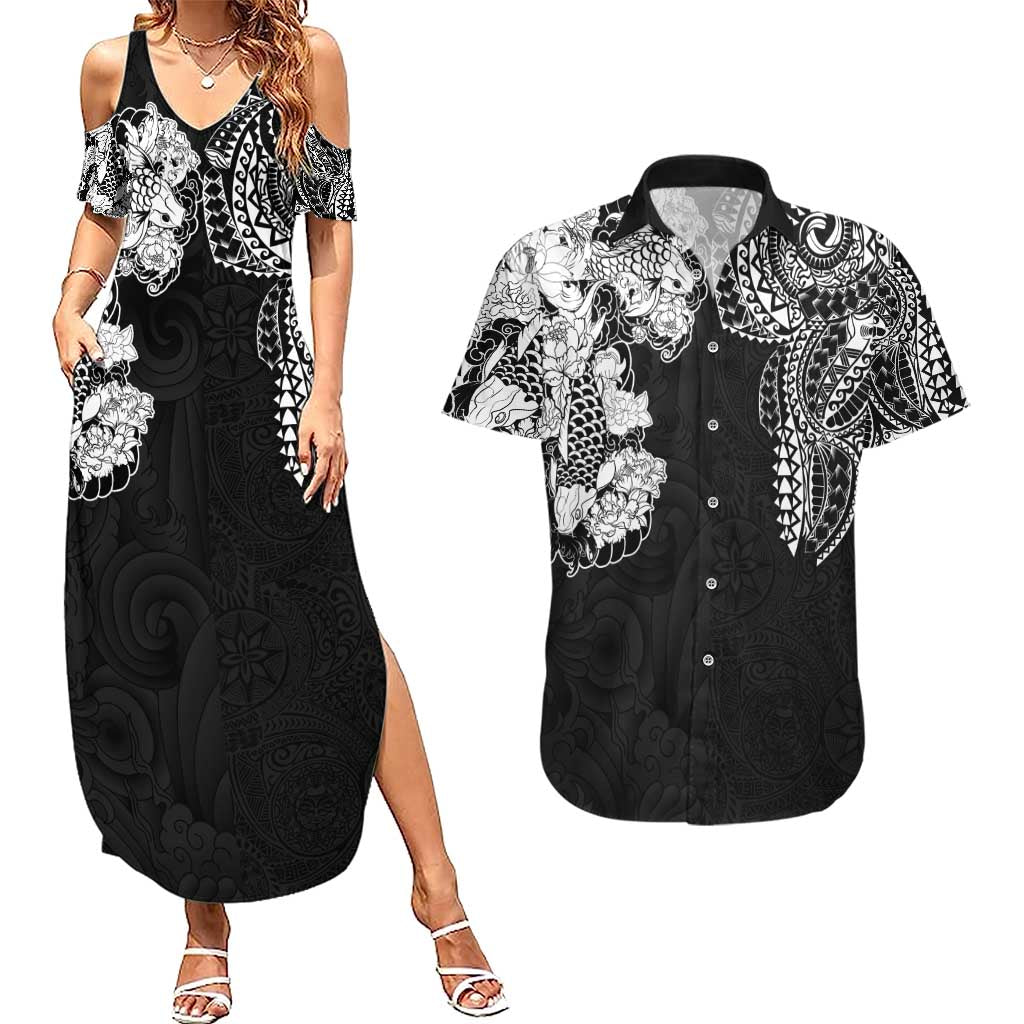 Japanese Irezumi and Hawaiian Polynesian Art Tattoo Couples Matching Summer Maxi Dress and Hawaiian Shirt Black Color LT03 Black - Polynesian Pride