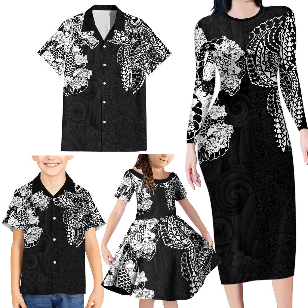 Japanese Irezumi and Hawaiian Polynesian Art Tattoo Family Matching Long Sleeve Bodycon Dress and Hawaiian Shirt Black Color LT03 - Polynesian Pride