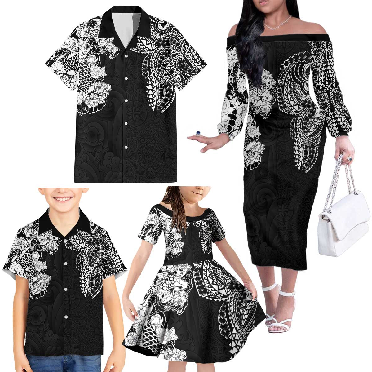 Japanese Irezumi and Hawaiian Polynesian Art Tattoo Family Matching Off The Shoulder Long Sleeve Dress and Hawaiian Shirt Black Color LT03 - Polynesian Pride