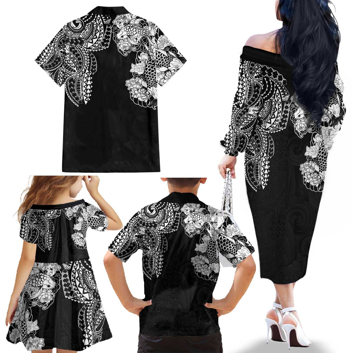 Japanese Irezumi and Hawaiian Polynesian Art Tattoo Family Matching Off The Shoulder Long Sleeve Dress and Hawaiian Shirt Black Color LT03 - Polynesian Pride