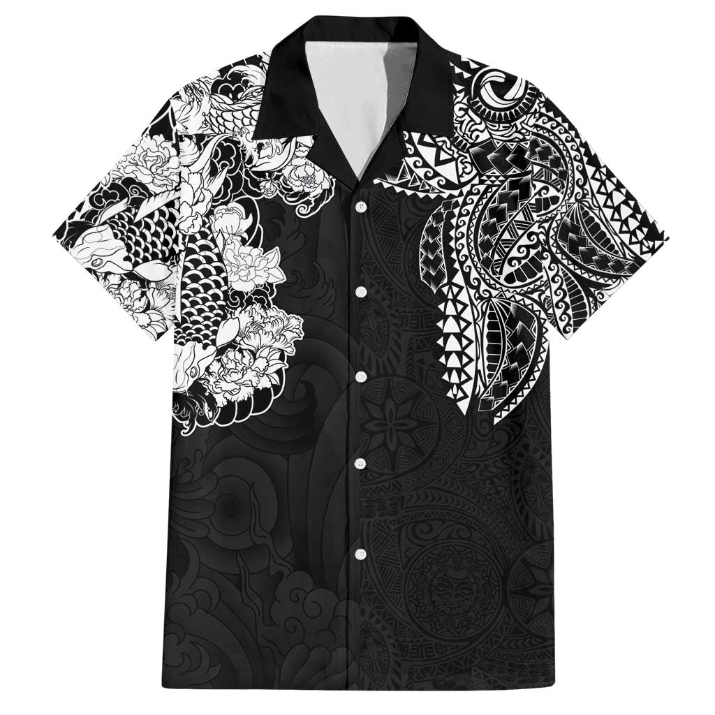 Japanese Irezumi and Hawaiian Polynesian Art Tattoo Family Matching Off Shoulder Maxi Dress and Hawaiian Shirt Black Color LT03 Dad's Shirt - Short Sleeve Black - Polynesian Pride