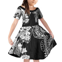 Japanese Irezumi and Hawaiian Polynesian Art Tattoo Family Matching Off Shoulder Short Dress and Hawaiian Shirt Black Color LT03 Daughter's Dress Black - Polynesian Pride