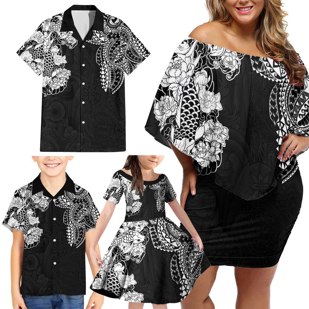 Japanese Irezumi and Hawaiian Polynesian Art Tattoo Family Matching Off Shoulder Short Dress and Hawaiian Shirt Black Color - Polynesian Pride