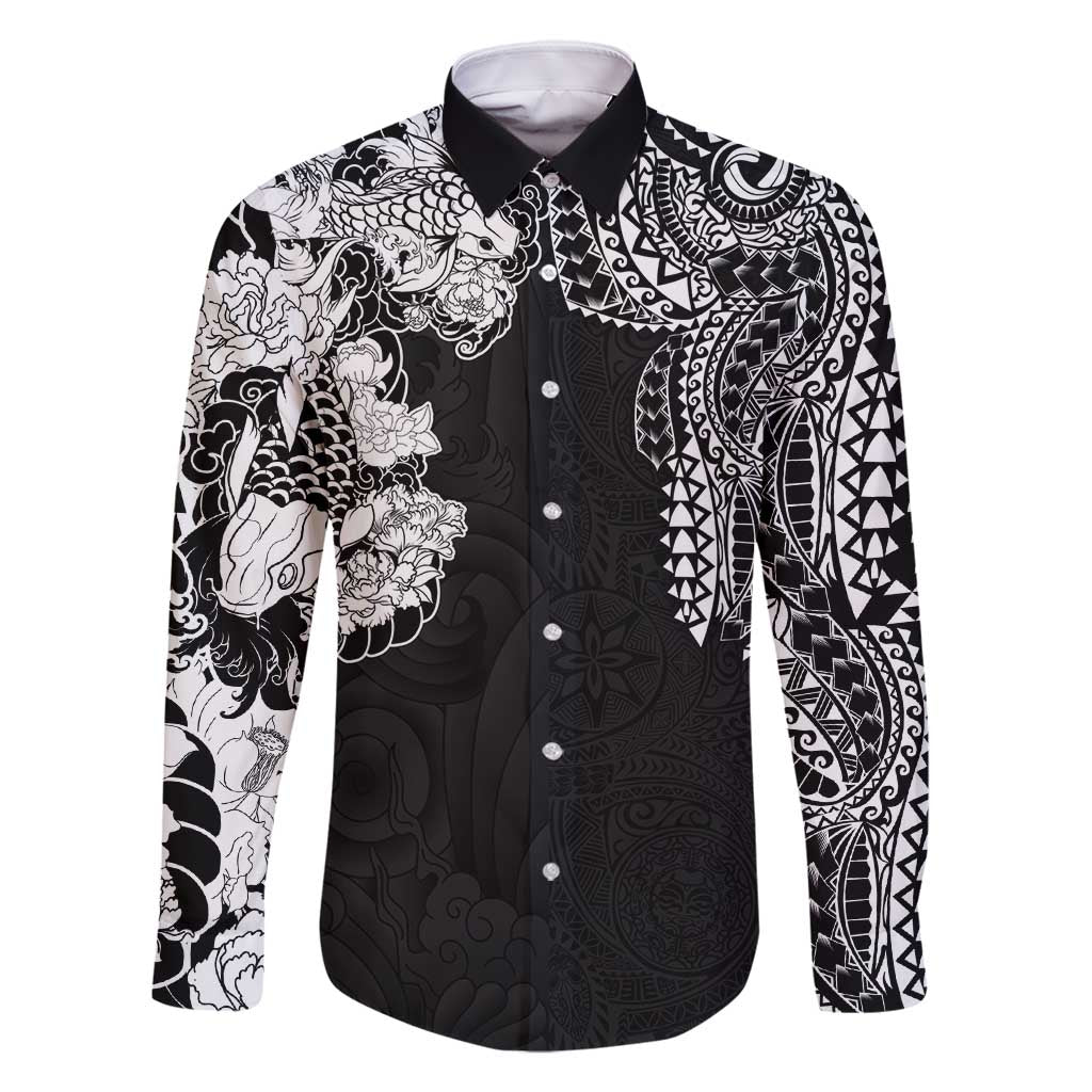 Japanese Irezumi and Hawaiian Polynesian Art Tattoo Family Matching Off Shoulder Short Dress and Hawaiian Shirt Black Color LT03 Dad's Shirt - Long Sleeve Black - Polynesian Pride