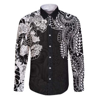 Japanese Irezumi and Hawaiian Polynesian Art Tattoo Family Matching Off Shoulder Short Dress and Hawaiian Shirt Black Color LT03 Dad's Shirt - Long Sleeve Black - Polynesian Pride