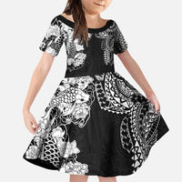 Japanese Irezumi and Hawaiian Polynesian Art Tattoo Family Matching Puletasi and Hawaiian Shirt Black Color LT03 Daughter's Dress Black - Polynesian Pride
