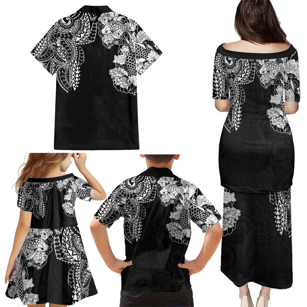Japanese Irezumi and Hawaiian Polynesian Art Tattoo Family Matching Puletasi and Hawaiian Shirt Black Color LT03 - Polynesian Pride