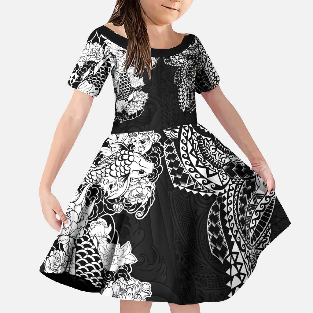 Japanese Irezumi and Hawaiian Polynesian Art Tattoo Family Matching Short Sleeve Bodycon Dress and Hawaiian Shirt Black Color LT03 Daughter's Dress Black - Polynesian Pride