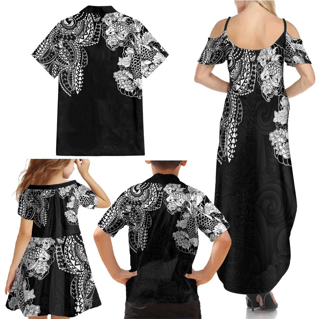 Japanese Irezumi and Hawaiian Polynesian Art Tattoo Family Matching Summer Maxi Dress and Hawaiian Shirt Black Color LT03 - Polynesian Pride