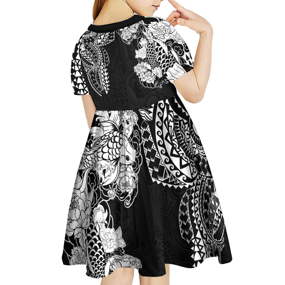 Japanese Irezumi and Hawaiian Polynesian Art Tattoo Kid Short Sleeve Dress Black Color LT03 - Polynesian Pride