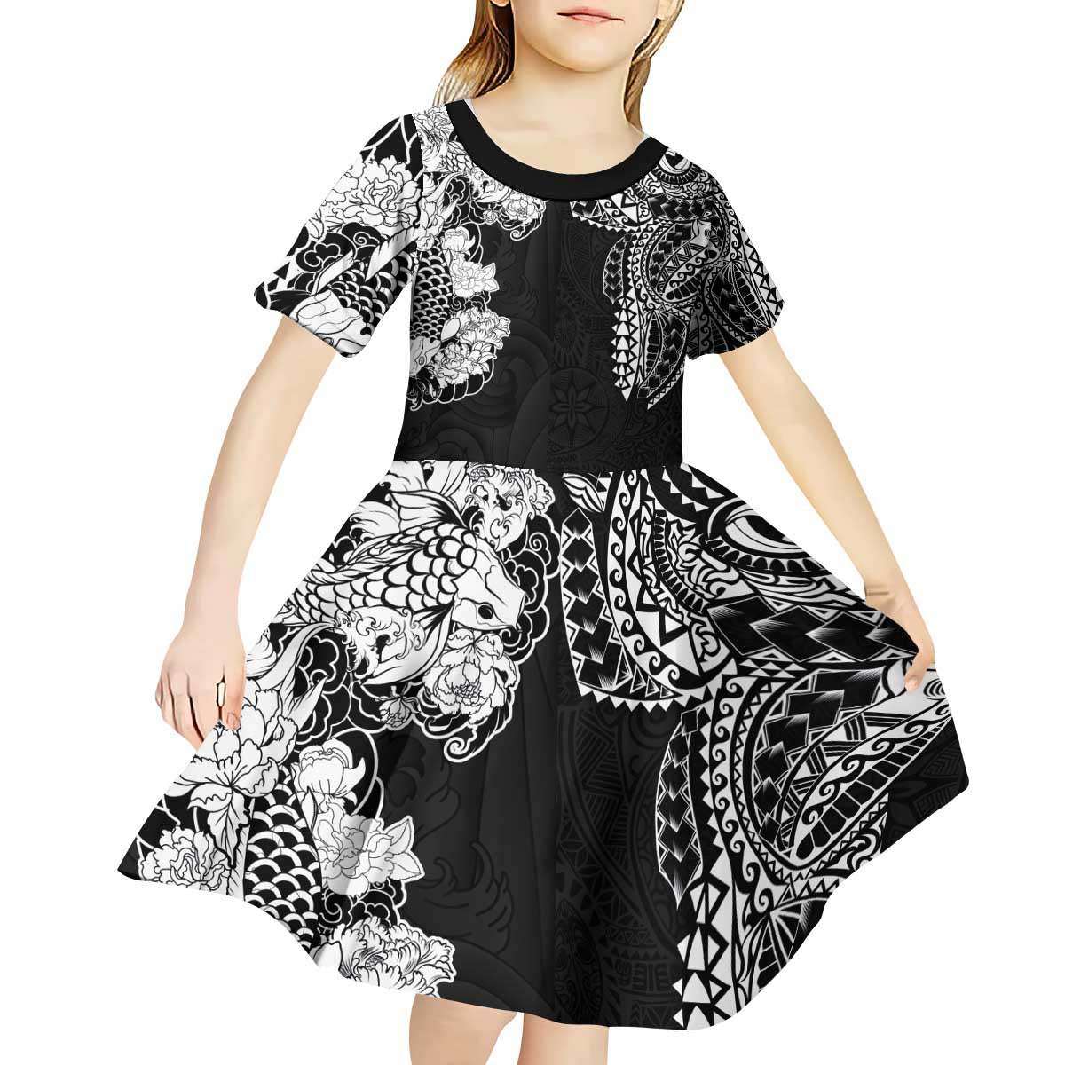 Japanese Irezumi and Hawaiian Polynesian Art Tattoo Kid Short Sleeve Dress Black Color LT03 - Polynesian Pride