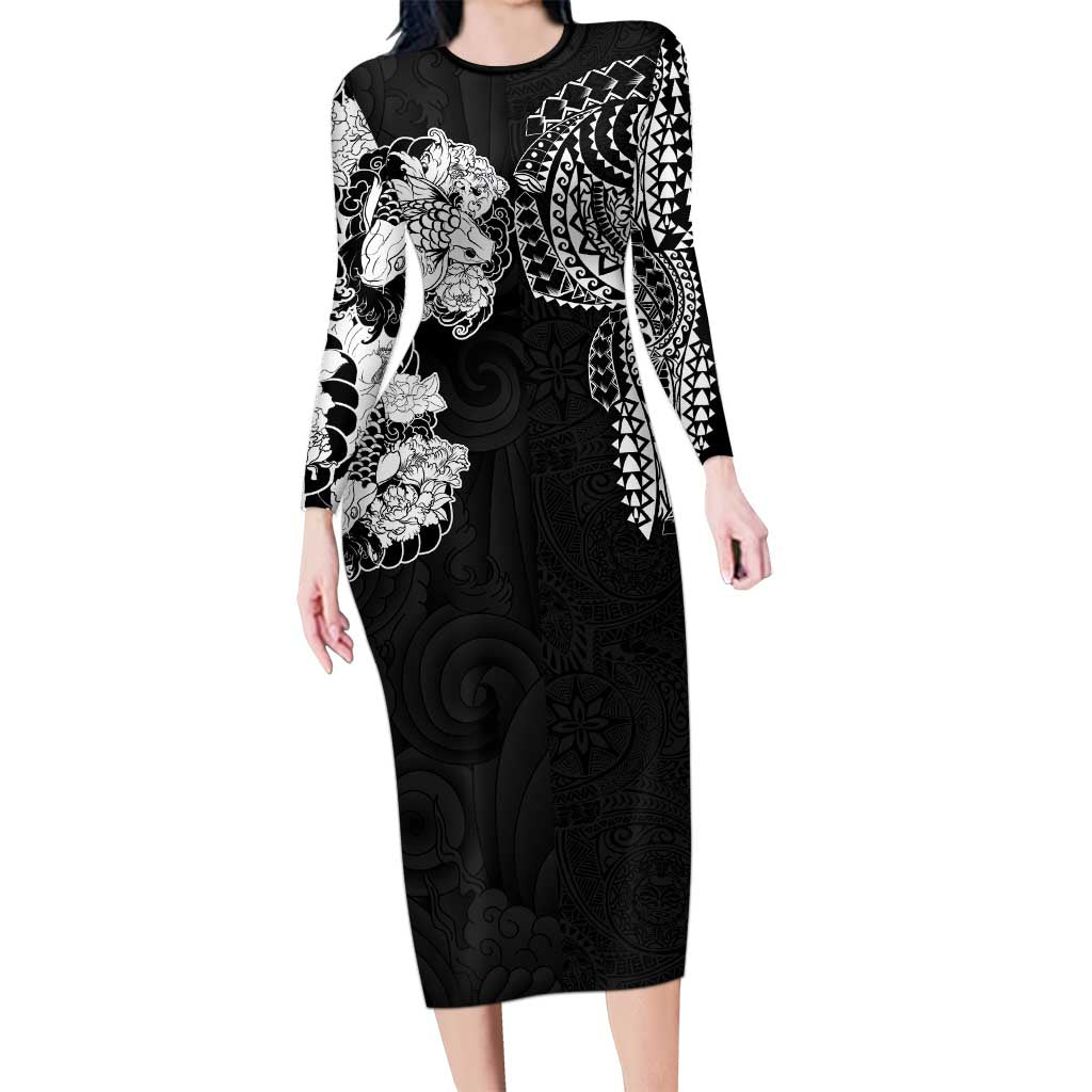Japanese Irezumi and Hawaiian Polynesian Art Tattoo Long Sleeve Bodycon Dress Black Color LT03 Long Dress Black - Polynesian Pride